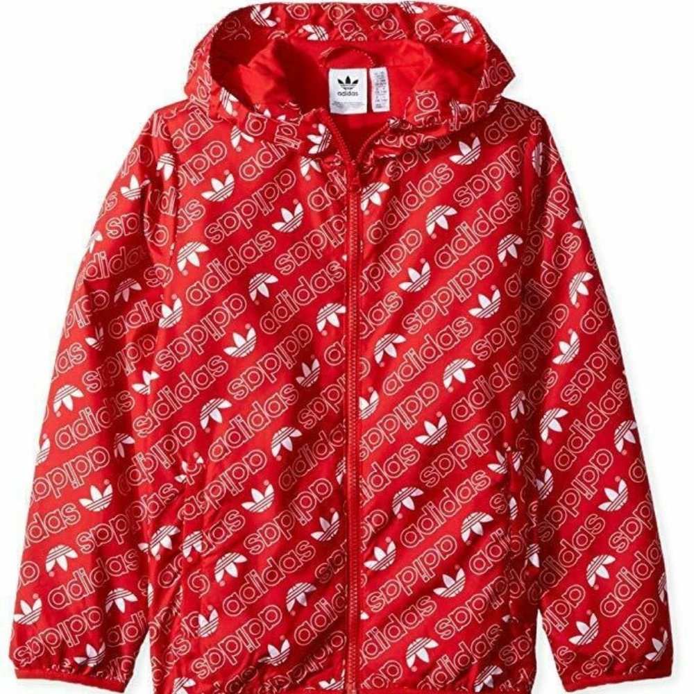 Adidas Originals Trefoil Monogram Windbreaker Hooded Jacket Unisex Red/Size: XL